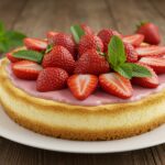 Delicious simple strawberry cheesecake adorned with fresh strawberries, perfect for dessert lovers.