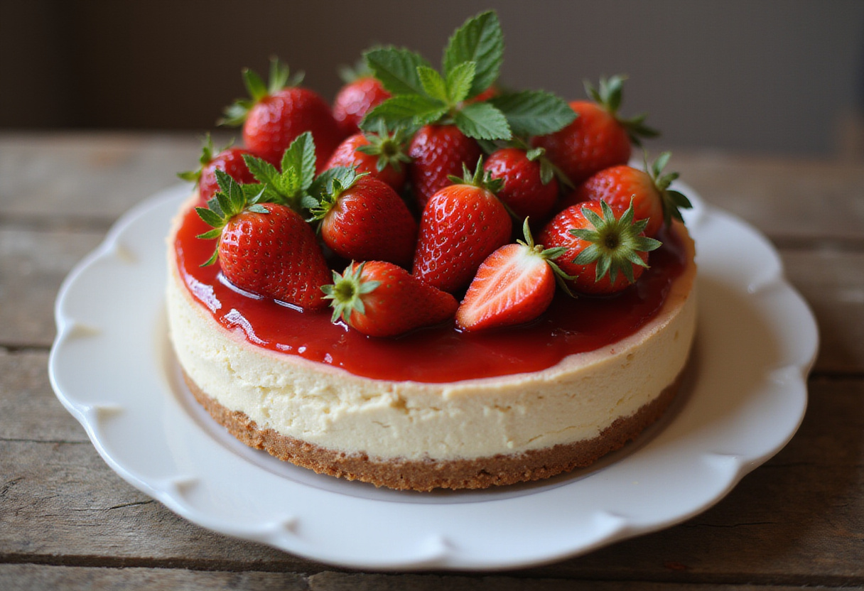 Delicious simple strawberry cheesecake adorned with fresh strawberries, perfect for dessert lovers.