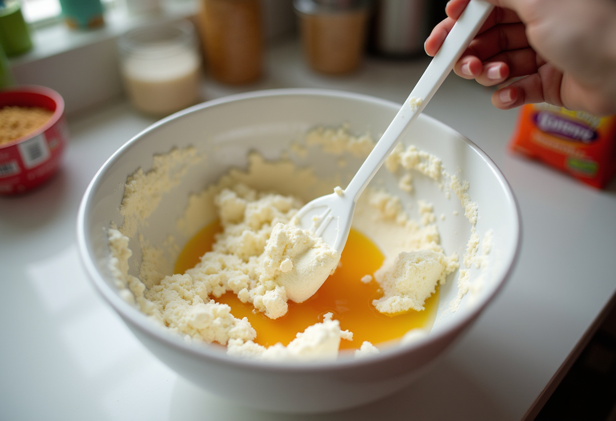 Mixing rich cream cheese, sugar, and vanilla for a simple strawberry cheesecake in a bright kitchen setting.