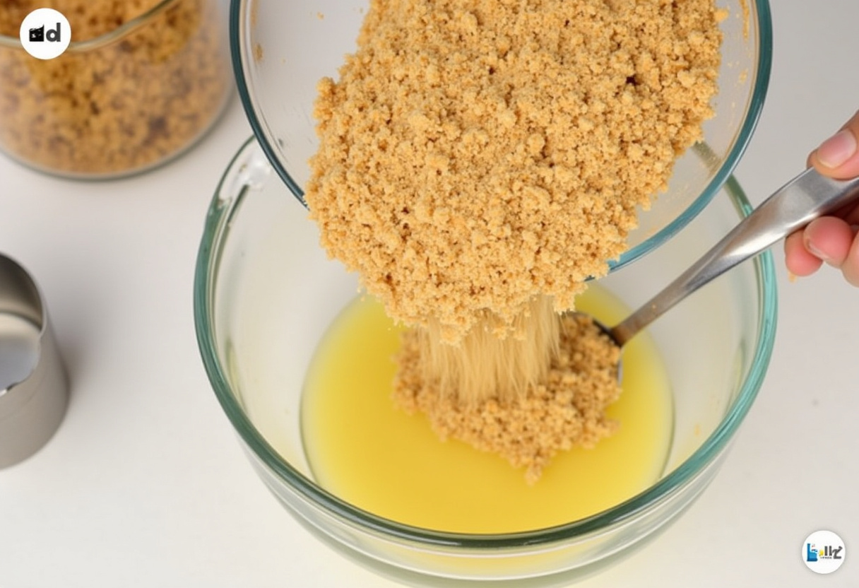 Preparing a buttery graham cracker crust mixture for a delicious strawberry cheesecake.