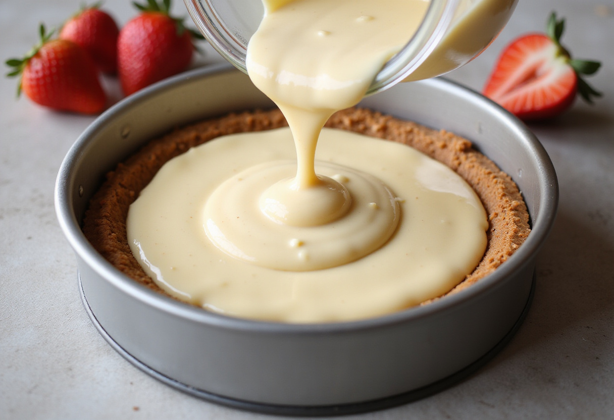 Pouring luscious cheesecake batter into a crust for a simple strawberry cheesecake, surrounded by fresh strawberries.