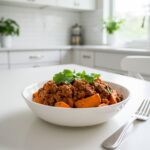 Final presentation of Sloppy Joe Sweet Potato Bowls, showcasing a delicious and healthy meal in a stylish kitchen.
