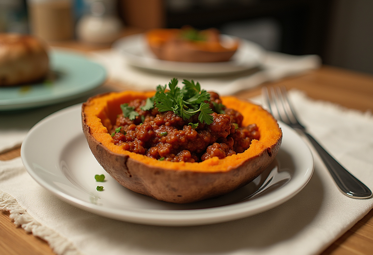 Final presentation of Sloppy Joe Sweet Potato Bowls, showcasing a delicious and healthy meal in a stylish kitchen.