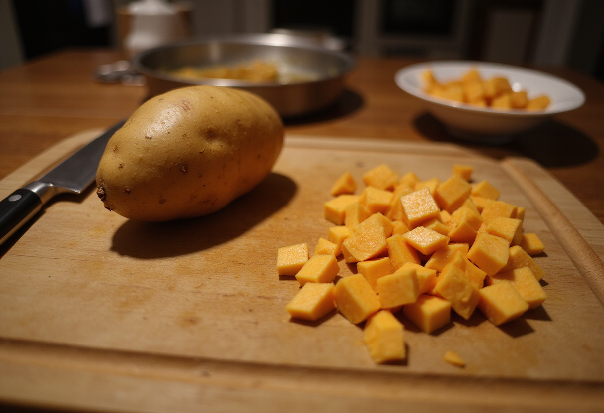 Dicing sweet potatoes for Sloppy Joe Sweet Potato Bowls, healthy meal prep in a cozy kitchen.