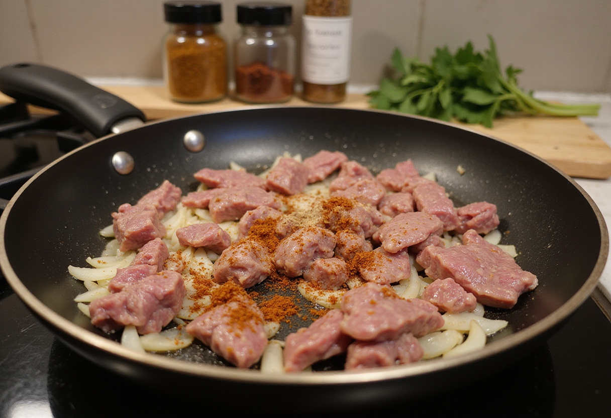 Ground beef cooking for Sloppy Joe filling, with spices and vegetables in a warm kitchen setting.