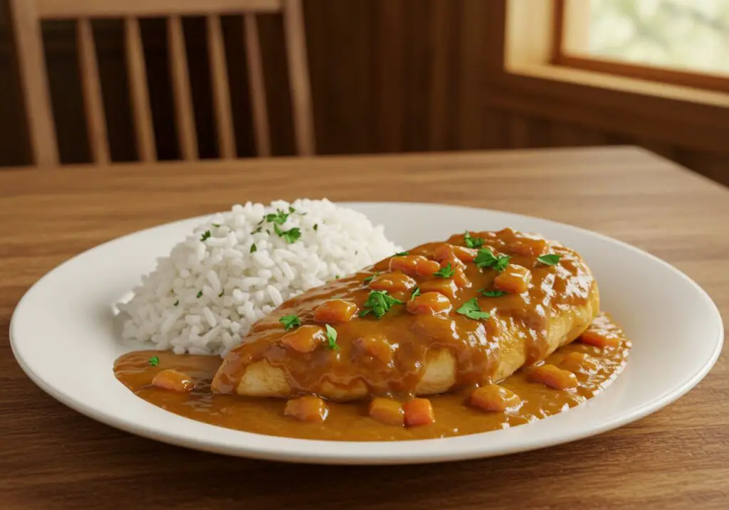 Final presentation of smothered chicken breast dish, plated elegantly with rice and garnished with fresh herbs.