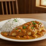Final presentation of smothered chicken breast dish, plated elegantly with rice and garnished with fresh herbs.