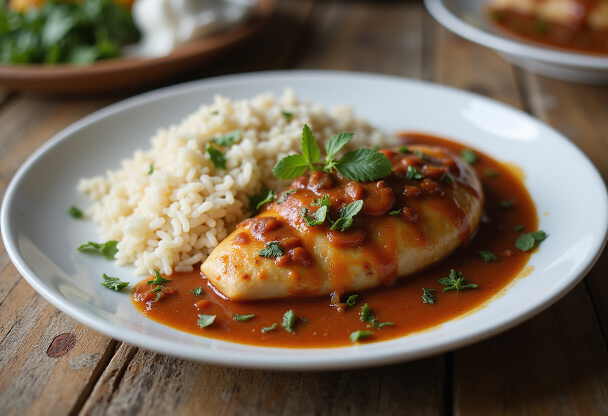 Final presentation of smothered chicken breast dish, plated elegantly with rice and garnished with fresh herbs.
