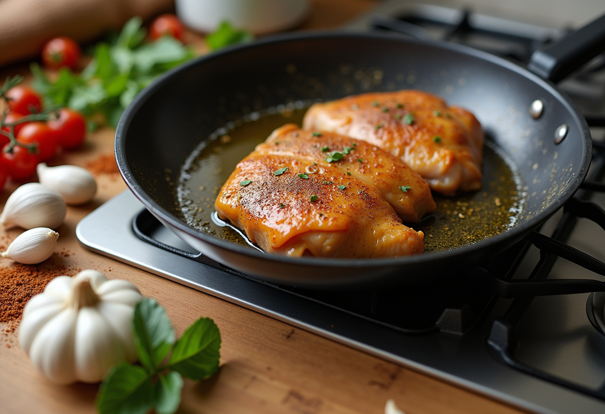 Preparation stage for smothered chicken breast with ingredients like chicken breasts, garlic, and spices laid out on a wooden countertop.