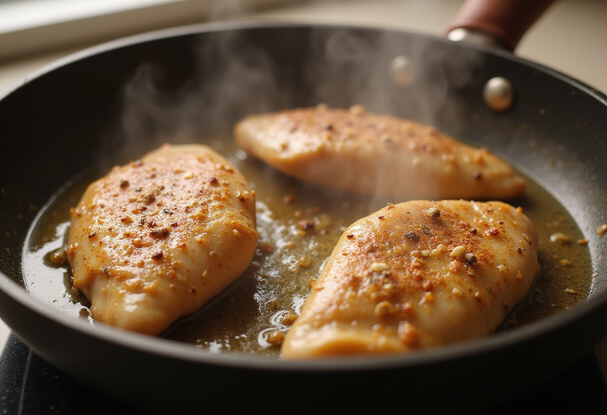 Cooking smothered chicken breasts in a hot skillet, with seasoned chicken sizzling and releasing flavorful steam.