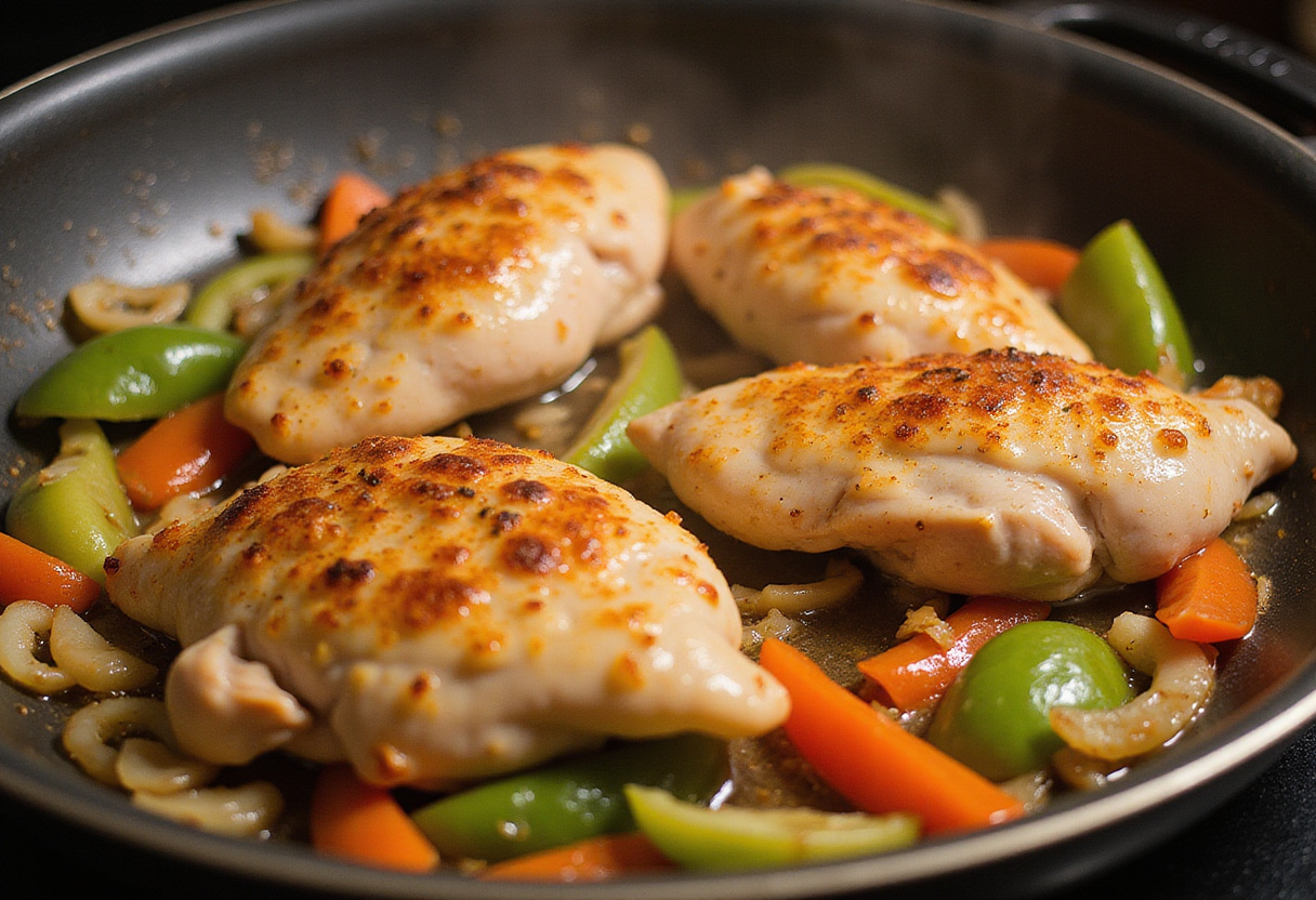 Adding diced onions and bell peppers to the skillet for smothered chicken breast, creating a delicious aroma as they caramelize.