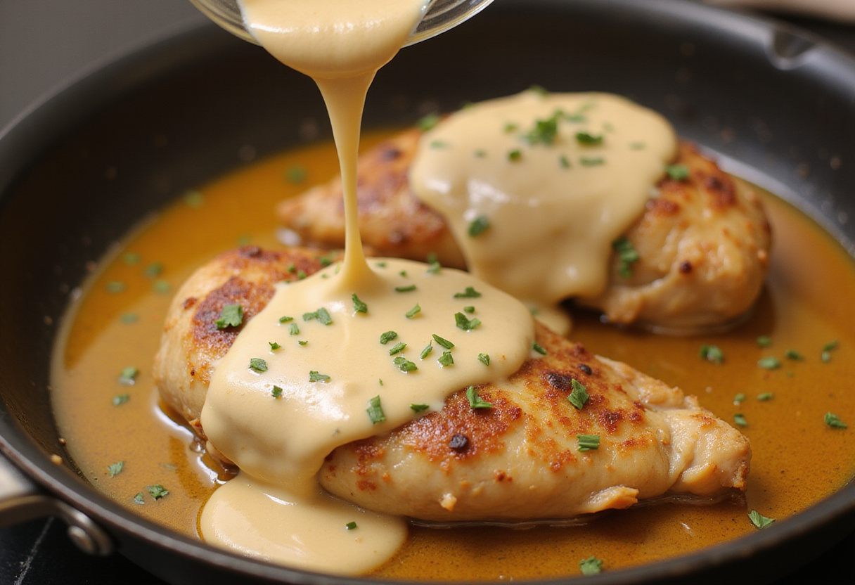 Pouring creamy sauce over chicken in a skillet, enhancing the flavor and appearance of smothered chicken breast.
