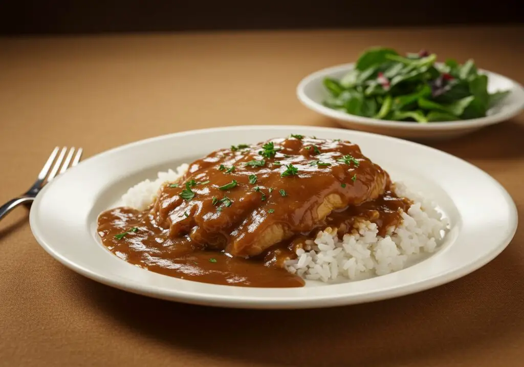 Delicious smothered chicken and rice served on a dining table, a comforting meal that's perfect for family gatherings.