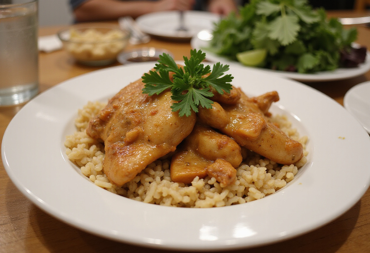 Delicious smothered chicken and rice served on a dining table, a comforting meal that's perfect for family gatherings.