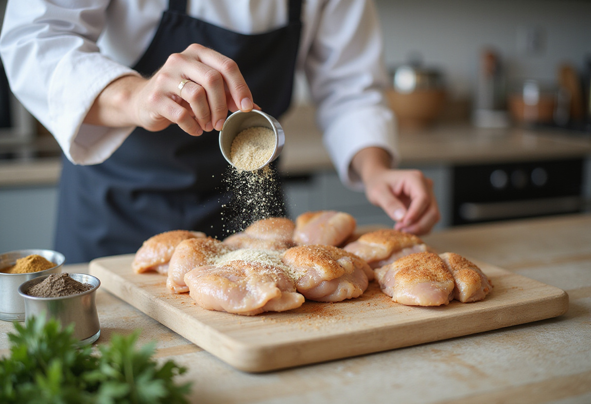 Seasoning chicken for smothered chicken and rice with herbs and spices in a bright kitchen.