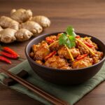 Final presentation of Spicy Ginger Chicken Delight in a bowl with vibrant colors and a rustic background