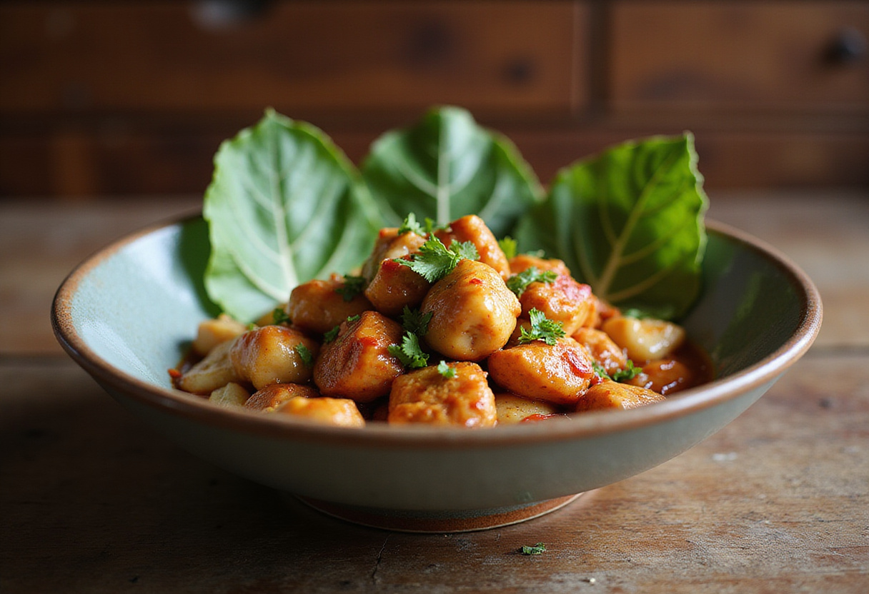 Final presentation of Spicy Ginger Chicken Delight in a bowl with vibrant colors and a rustic background