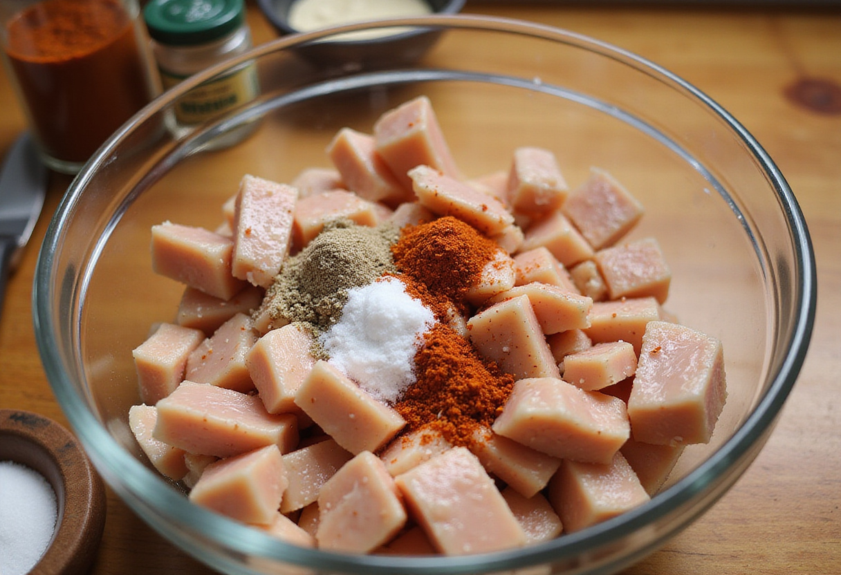 Diced chicken breast being seasoned with spices for Spicy Ginger Chicken Delight