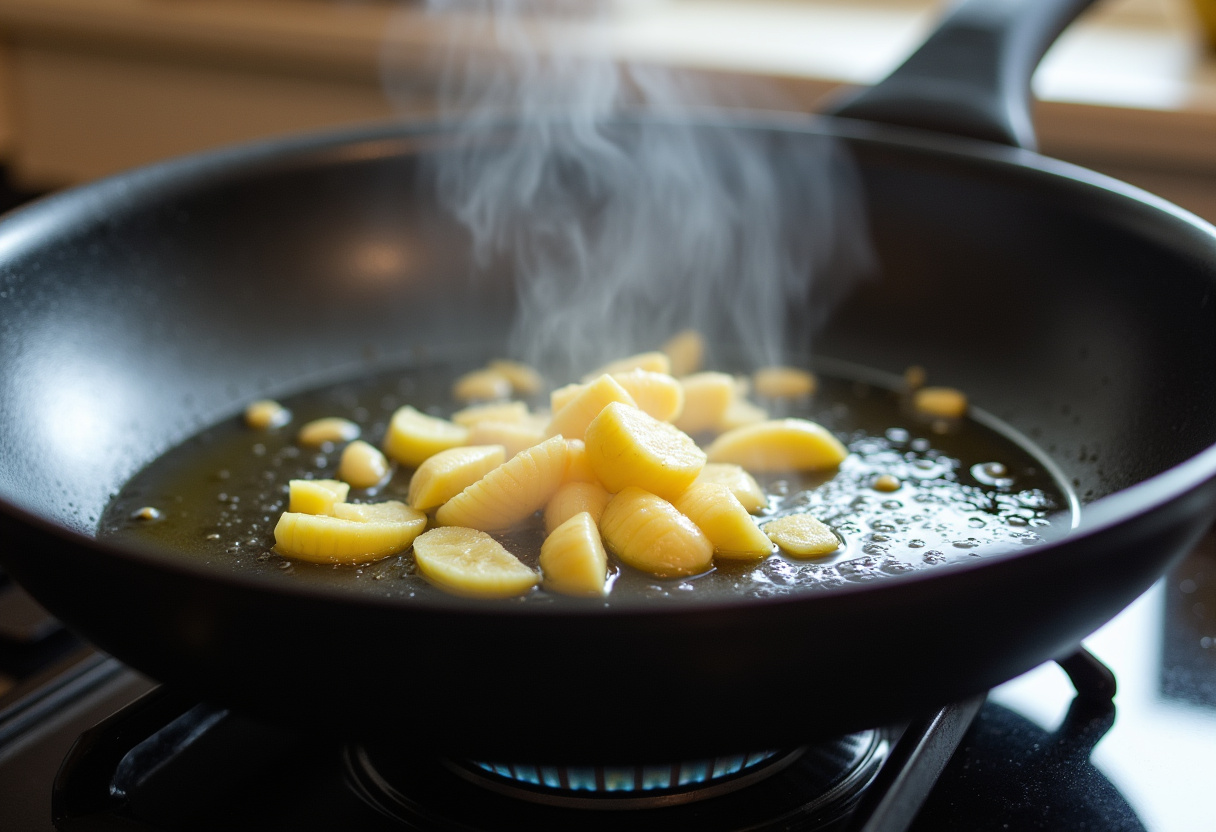 Ginger and garlic sautéing in oil for the Spicy Ginger Chicken Delight recipe