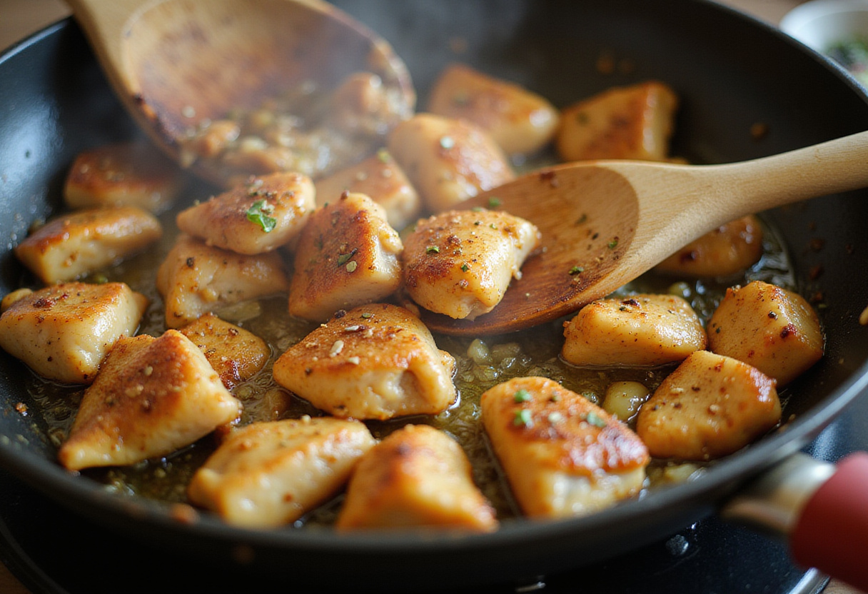Adding seasoned chicken to the skillet for making Spicy Ginger Chicken Delight