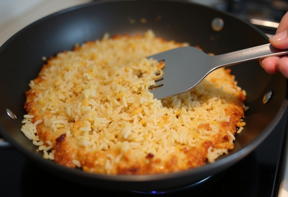 Crispy rice preparation for Spicy Salmon Crispy Rice recipe, featuring golden-brown rice being cooked to perfection in a pan.