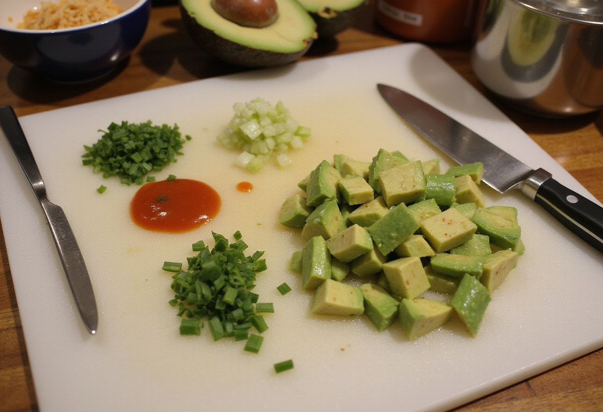 Fresh diced ingredients like avocado and green onions prepared for spicy salmon crispy rice, enhancing the flavors of the dish.