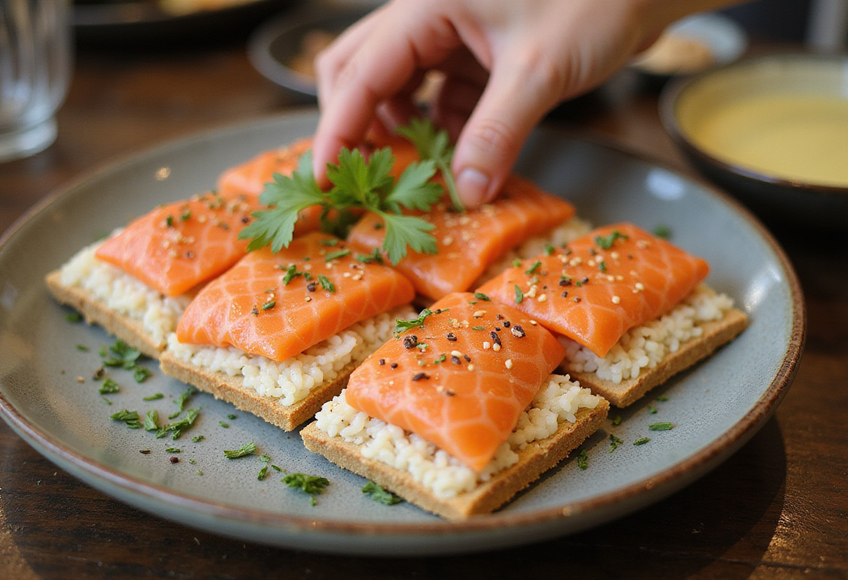 Vibrant Spicy Salmon Crispy Rice presentation with fresh salmon slices on crispy rice squares, garnished with sesame seeds and herbs.