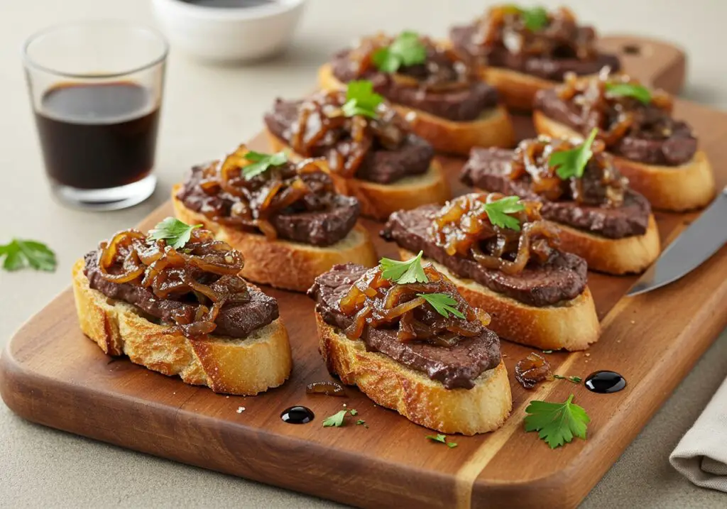 Gourmet Steak & French Onion Bruschetta presentation, showcasing a delicious appetizer perfect for gatherings and entertaining.