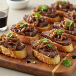 Gourmet Steak & French Onion Bruschetta presentation, showcasing a delicious appetizer perfect for gatherings and entertaining.
