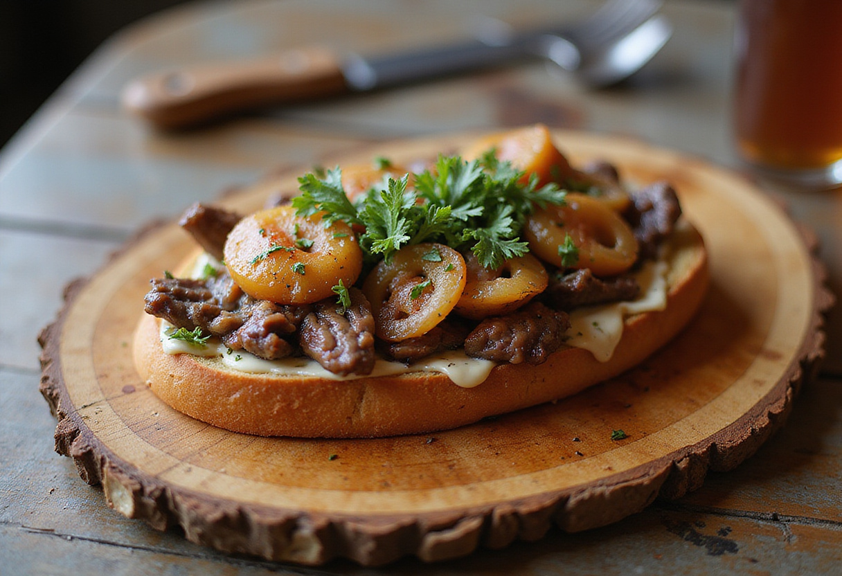 Gourmet Steak & French Onion Bruschetta presentation, showcasing a delicious appetizer perfect for gatherings and entertaining.