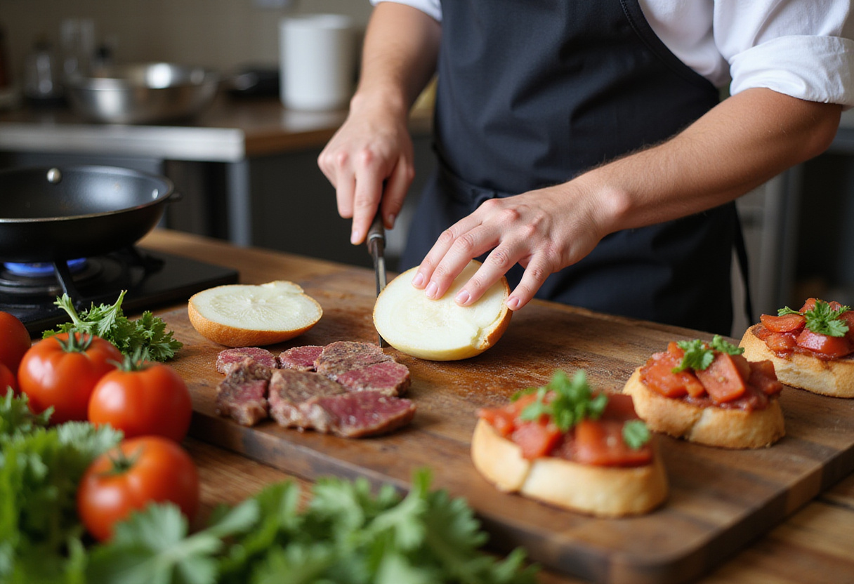 Slicing onions for Steak & French Onion Bruschetta, fresh cooking ingredients, preparing for a delicious recipe.