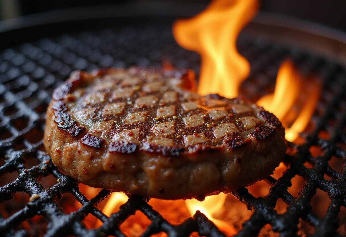 Searing a perfectly seasoned steak for Steak & French Onion Bruschetta, highlighting the grilling process for delicious flavor.