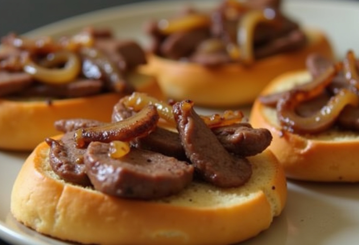 Preparing toasted baguette slices for Steak & French Onion Bruschetta, layering savory toppings for a gourmet touch.