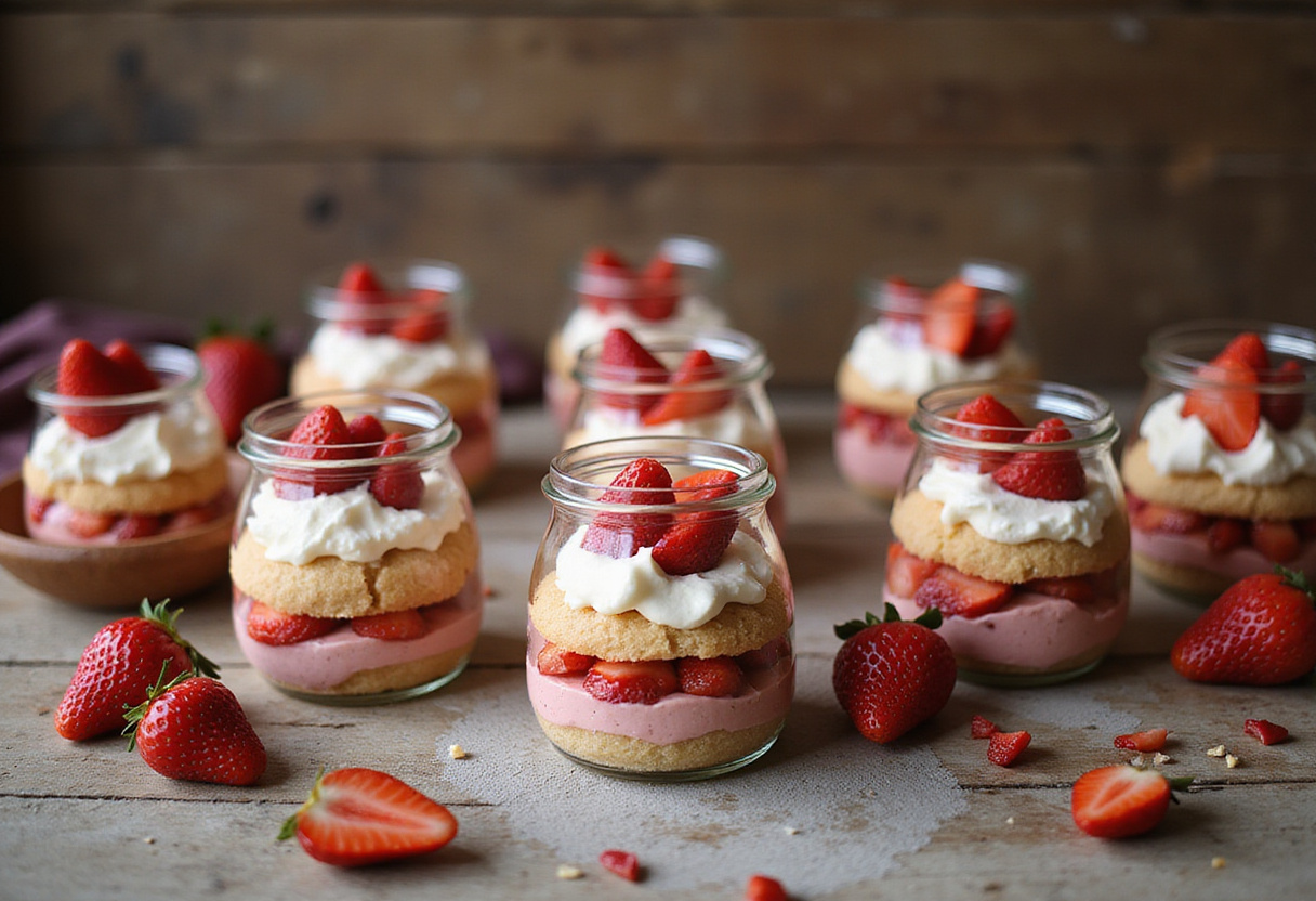 Delicious strawberry shortcake jars displayed elegantly on a table, perfect for dessert lovers looking for a fresh and tasty treat.