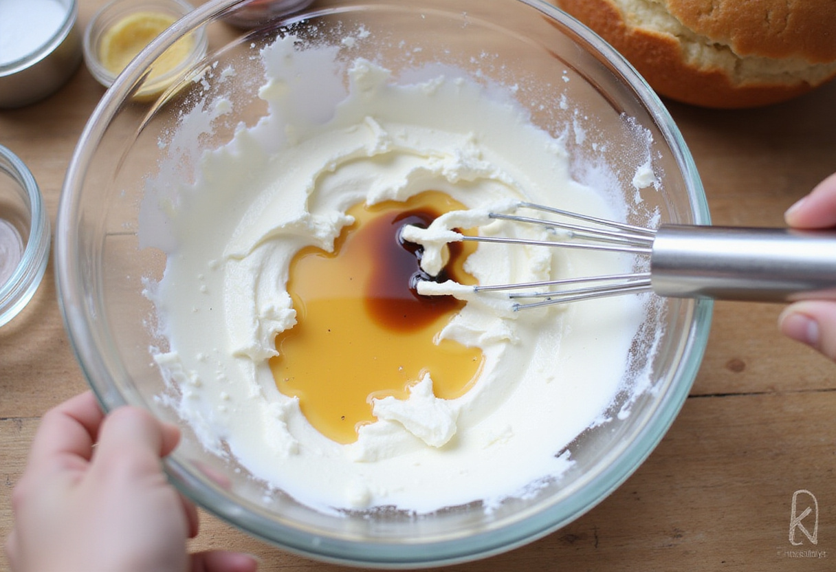 Mixing whipped cream for strawberry shortcake jars, highlighting the smooth texture and creamy consistency essential for this dessert.