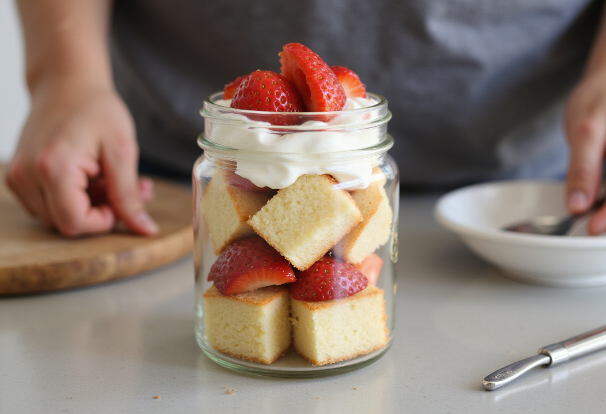 Layering the ingredients for strawberry shortcake jars in a clear glass container, showcasing the inviting and colorful layers.