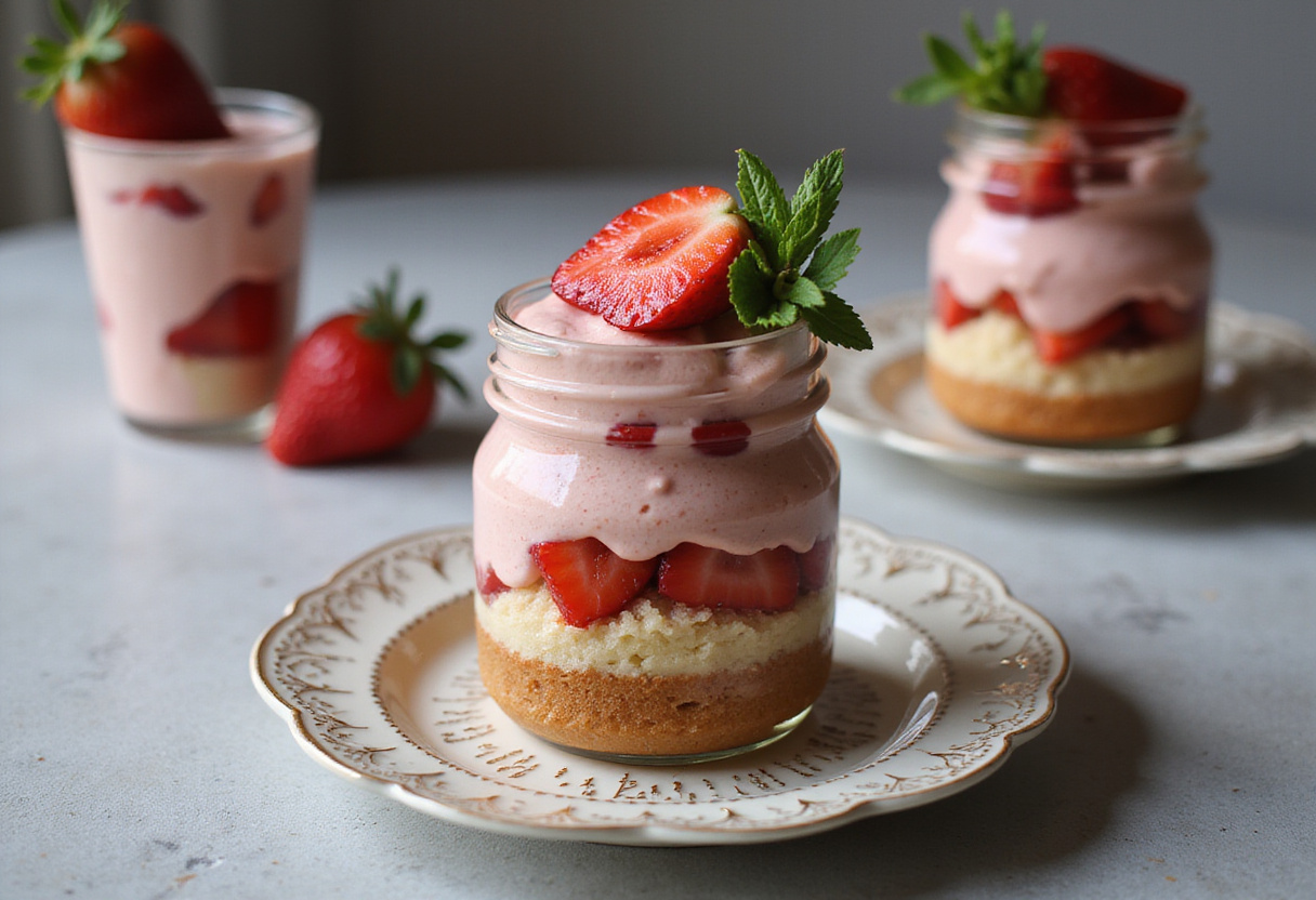 Finishing touches on strawberry shortcake jars, emphasizing the vibrant presentation and freshness of the ingredients.