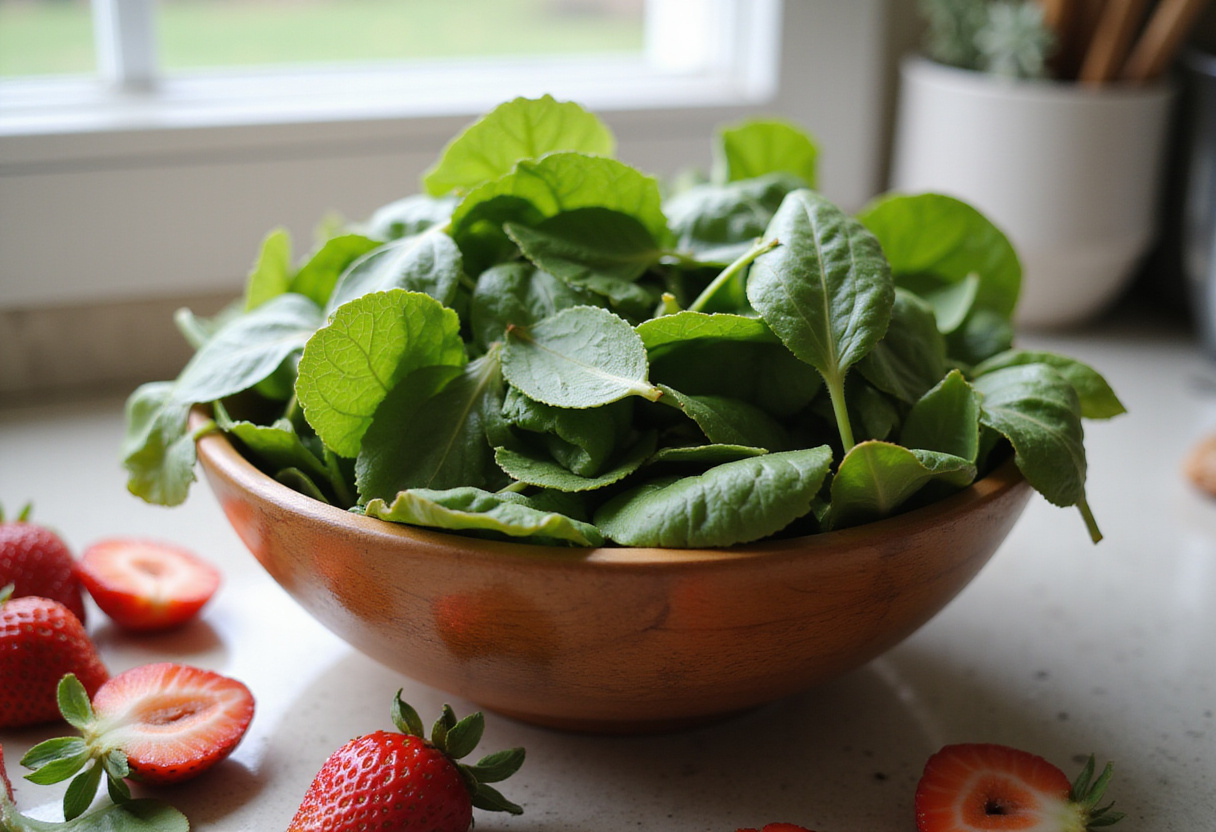 Fresh spinach and sliced strawberries prepared for a Strawberry Spinach Salad recipe, highlighting vibrant colors and healthy ingredients.