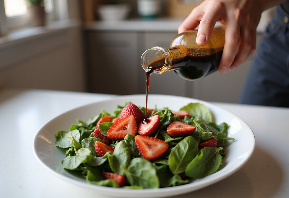 Balsamic vinaigrette being drizzled on fresh spinach and strawberries for a Strawberry Spinach Salad, emphasizing the salad's healthy preparation.