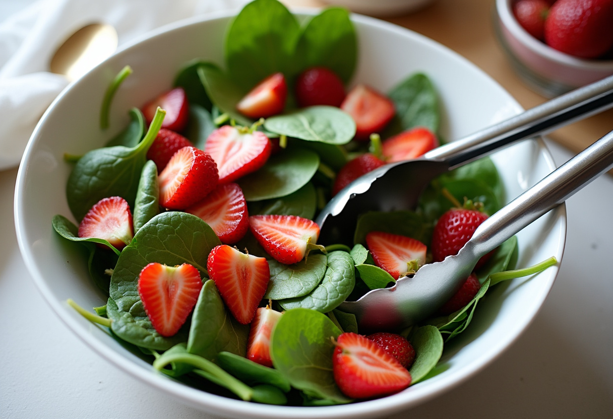 Tossing fresh spinach and strawberries for a Strawberry Spinach Salad, showcasing the colorful and appetizing mixture of ingredients.