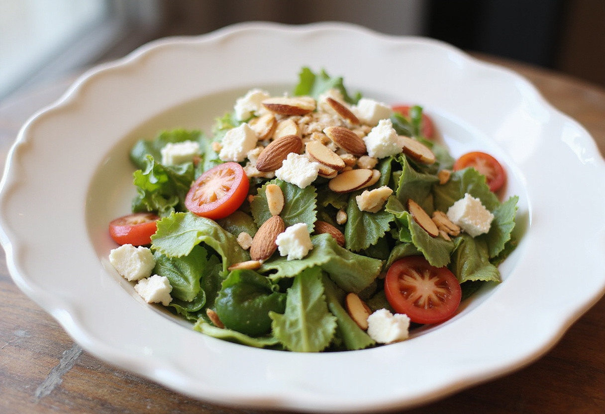 Plated Strawberry Spinach Salad with slivered almonds and feta cheese, providing a colorful and healthy presentation.