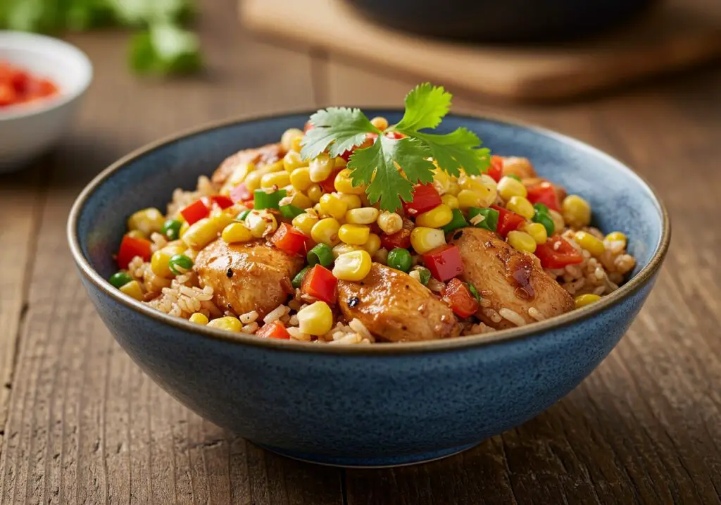 Delicious street corn chicken rice bowl served beautifully, highlighting the colorful ingredients and flavors for a tasty meal.