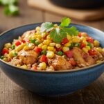Delicious street corn chicken rice bowl served beautifully, highlighting the colorful ingredients and flavors for a tasty meal.