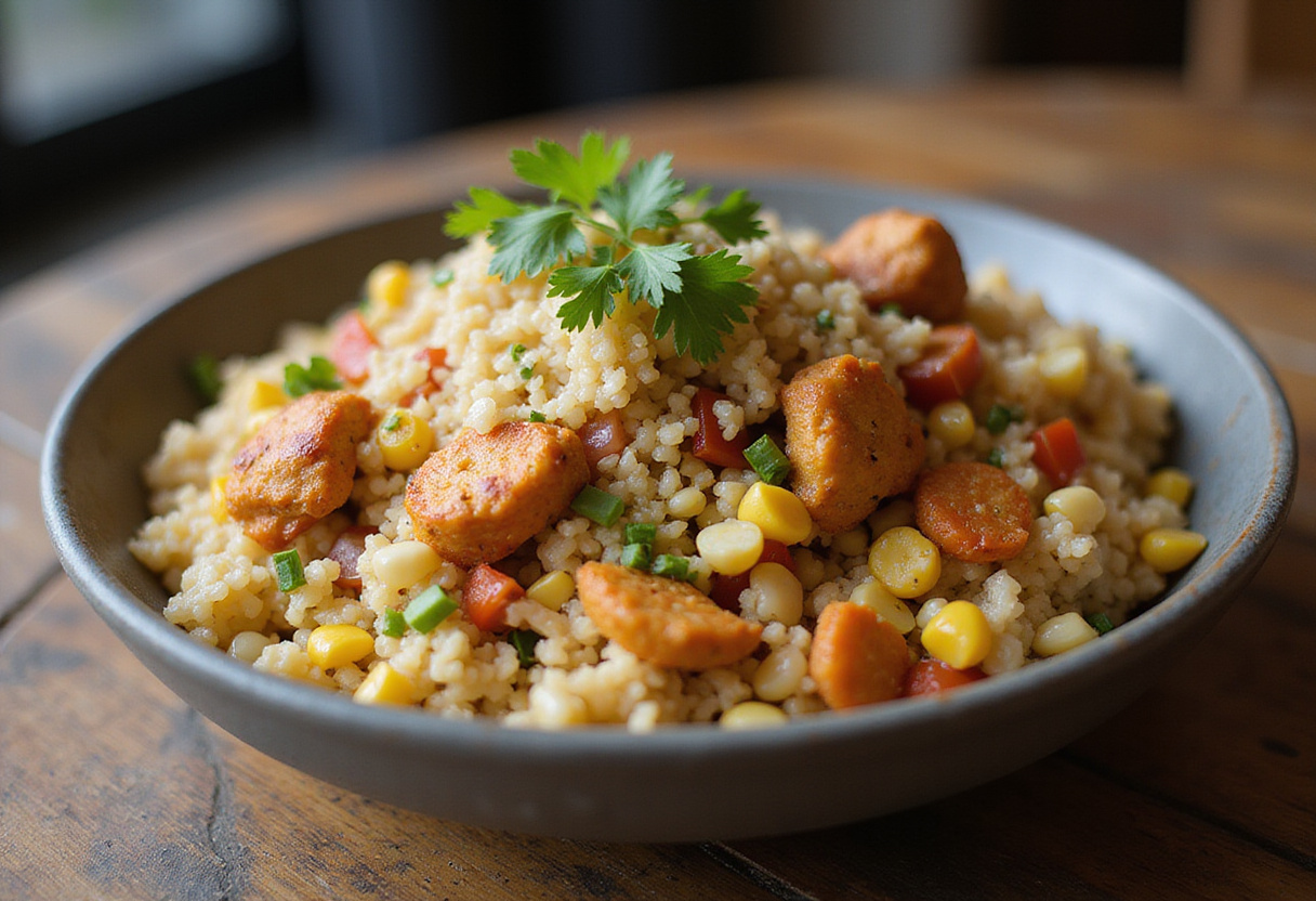 Delicious street corn chicken rice bowl served beautifully, highlighting the colorful ingredients and flavors for a tasty meal.