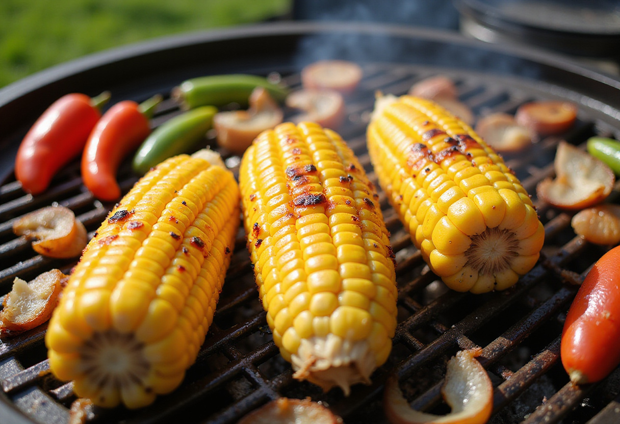 Grilled corn on the cob with vibrant vegetables for delicious street corn chicken rice bowl recipe.
