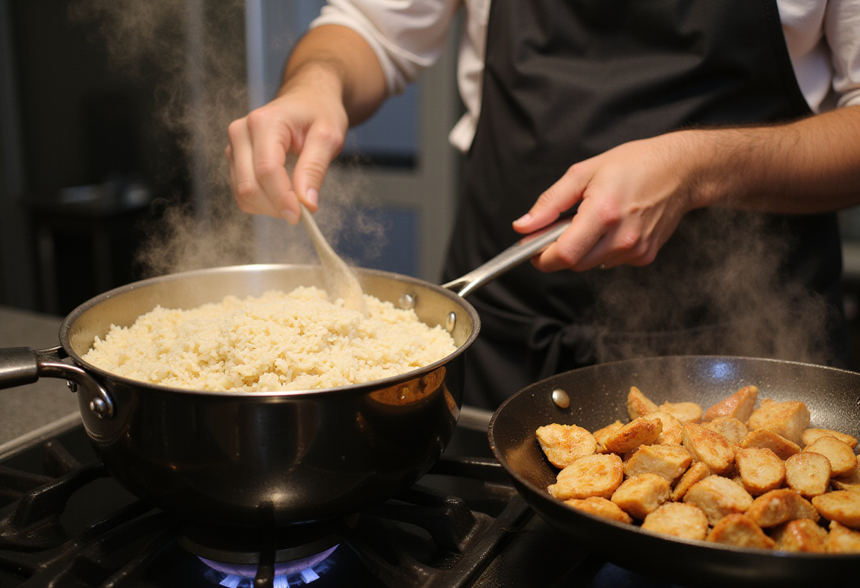 Cooking chicken and rice for a flavorful street corn chicken rice bowl, showcasing the process of making a delicious meal.