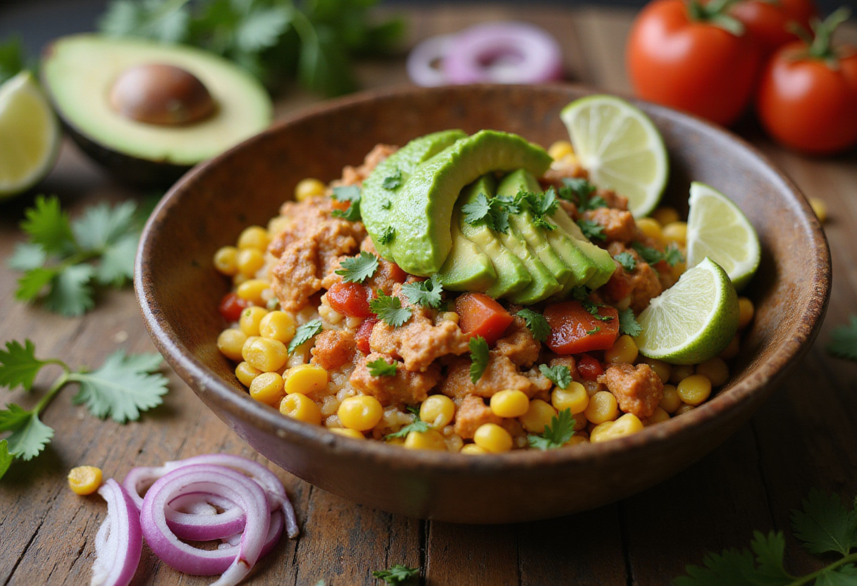 Final presentation of street corn chicken rice bowl with vibrant toppings, perfect for a delicious and trendy meal.