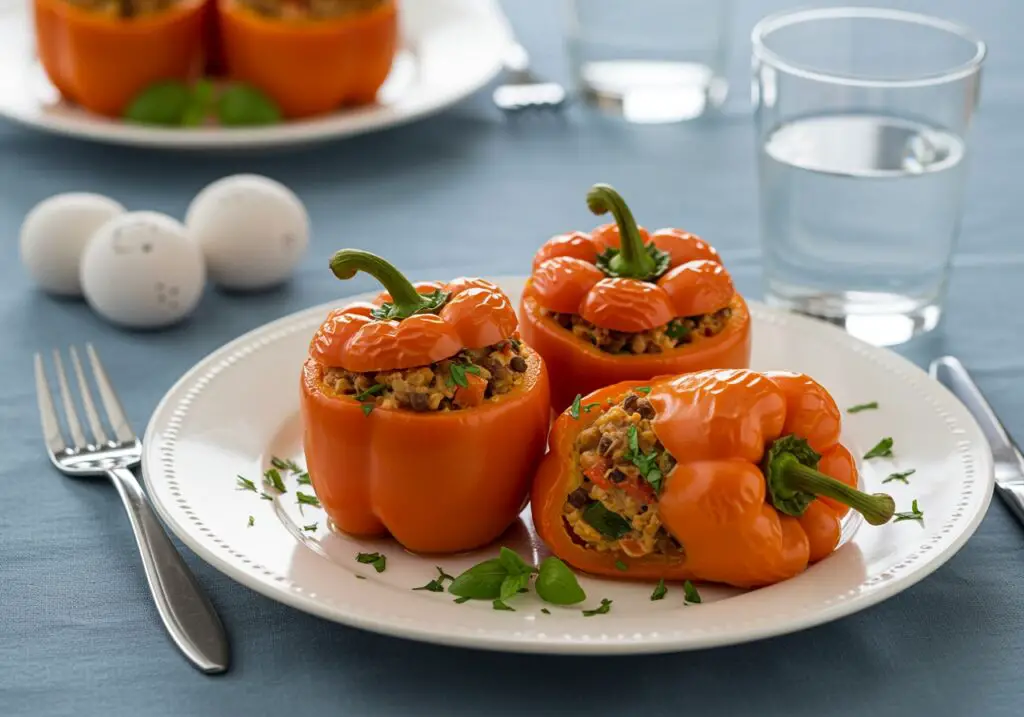 Final presentation of stuffed bell peppers with rice and veggies, colorful and appetizing dish on the dining table, healthy and delicious meal idea.