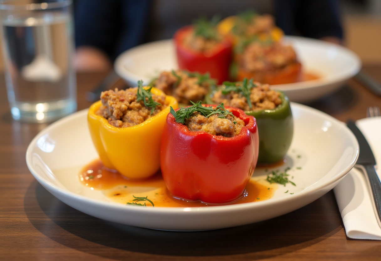 Final presentation of stuffed bell peppers with rice and veggies, colorful and appetizing dish on the dining table, healthy and delicious meal idea.