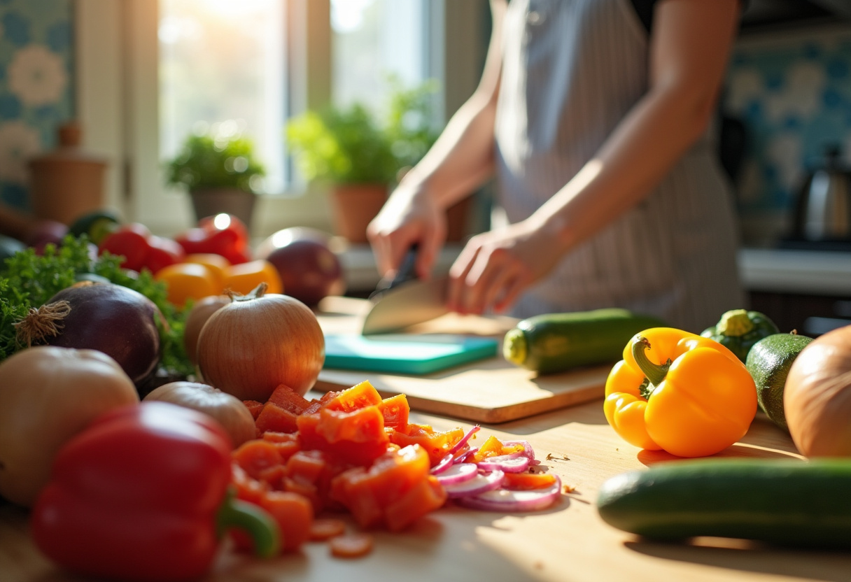 Chopping fresh vegetables for stuffed bell peppers, colorful kitchen scene, healthy cooking with veggies, vibrant food preparation.